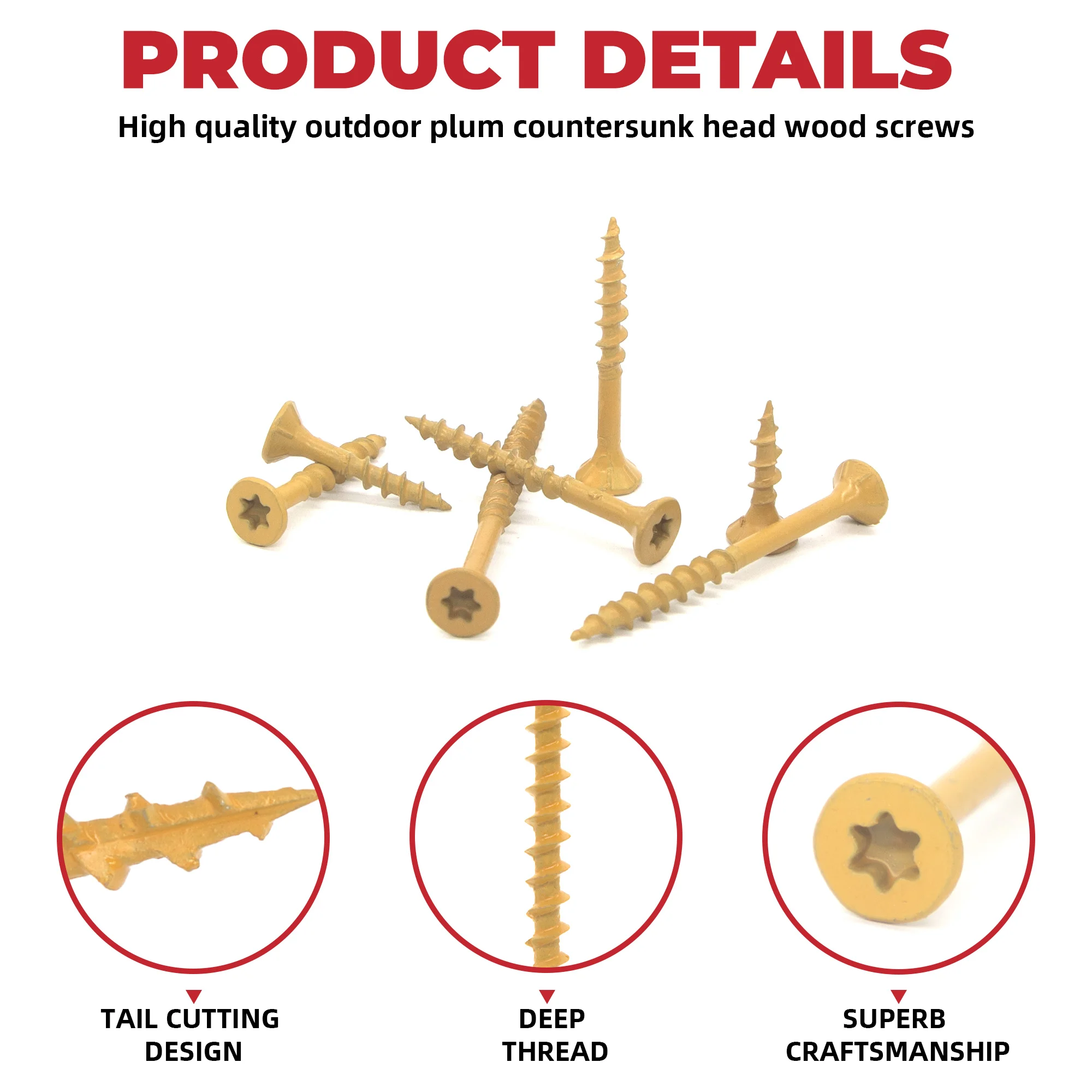 Weiyi 50/100pcs Six-Lobe Torx Deck Screws #8 #10 Flat Rust Resistant Rpoxy Coated Bronze and Black Self-tapping Wood Bolts