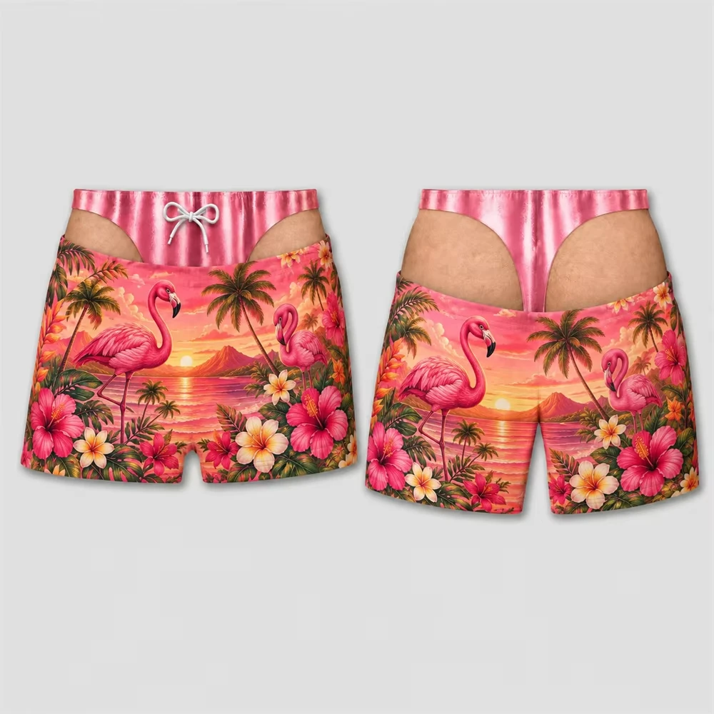 Unisex Tropical Print Cut‑Out Swim Trunks Novelty Drawstring Beach Shorts Quick Dry Holiday Party Swimwear For Men Women