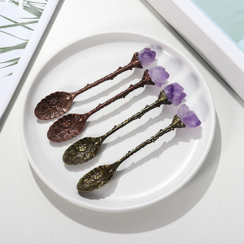 

Carved Flower Crystal Stone Long Handle Coffee Spoon Teaspoon Irregular Retro Crystal Mini Ice Cream Spoon Decorative