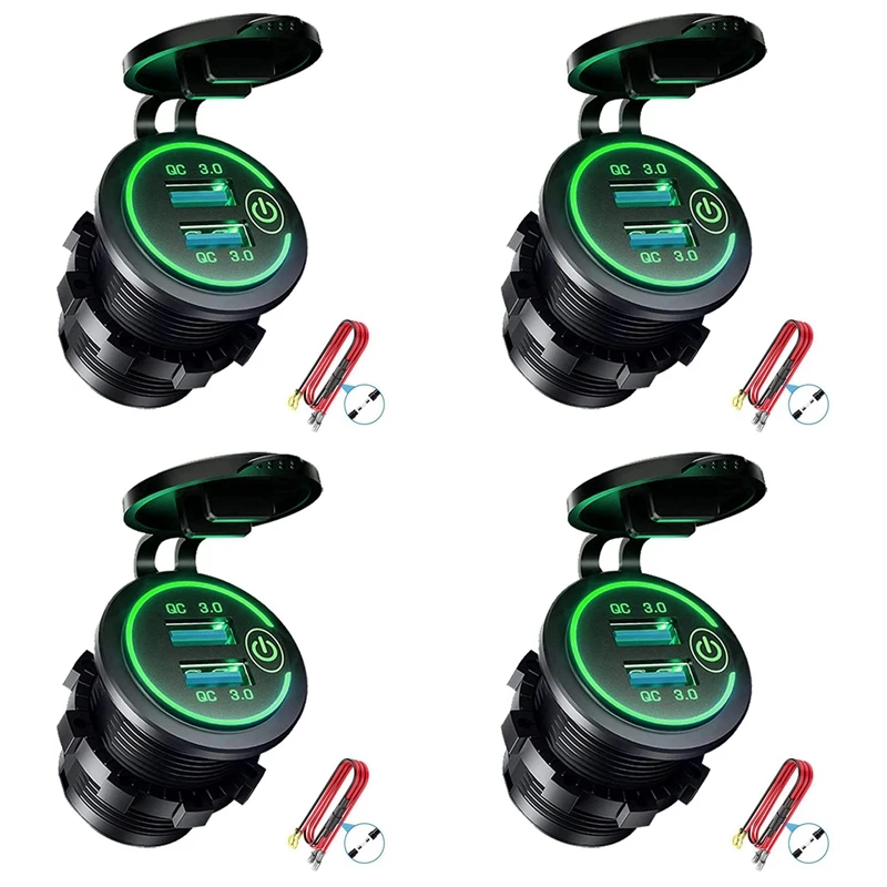 

2025 New-4X QC 3.0 с двумя USB-разъемами для зарядного устройства, водонепроницаемая USB-розетка 12 В/24 В с сенсорным переключателем для автомобиля, морской пехоты, мотоцикла, зеленого цвета