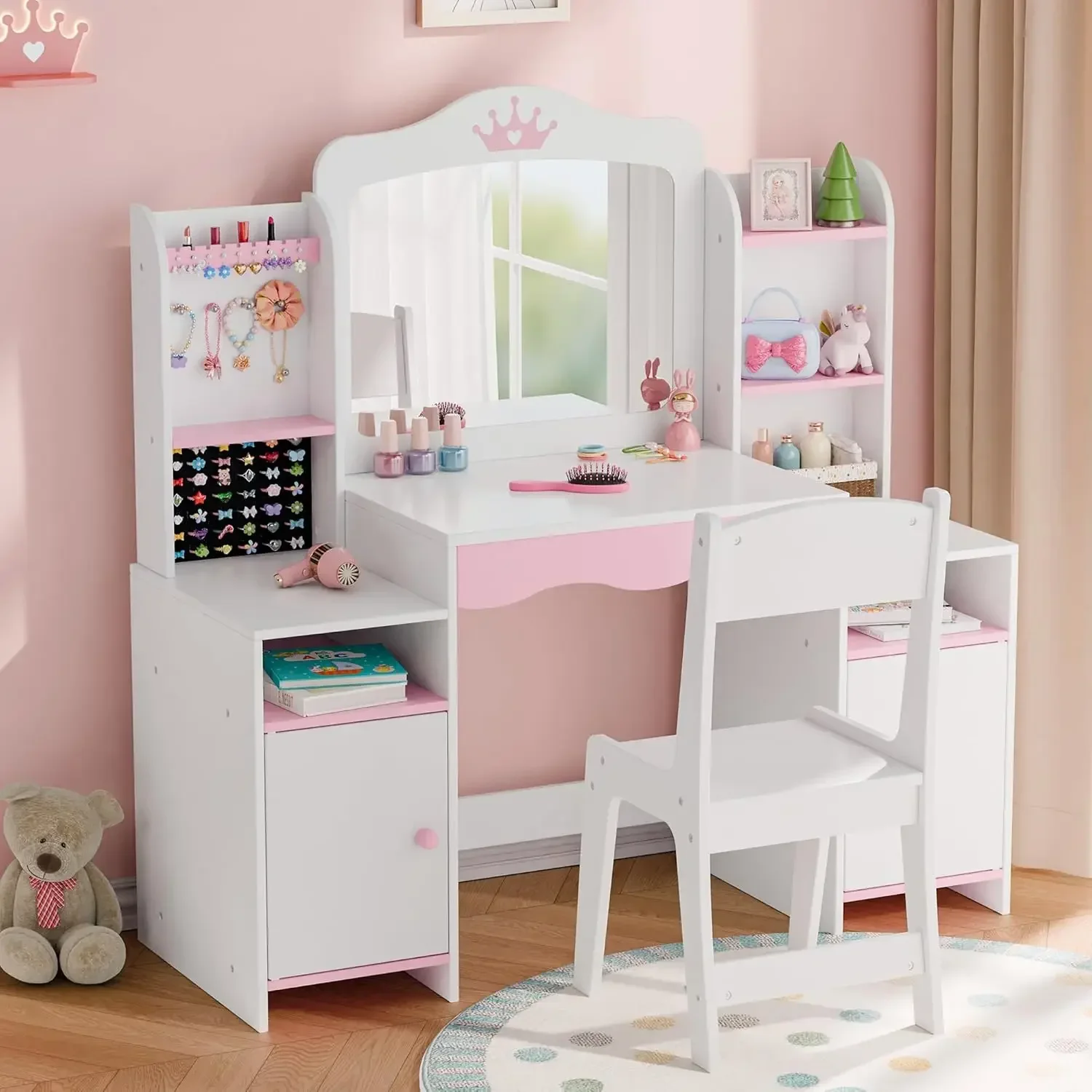 

BestsellerKids Vanity, Girl Vanity Set with Mirror and Stool, 2 in 1 Toddler Makeup Vanity Table with Jewelry Storage, Wooden Pr