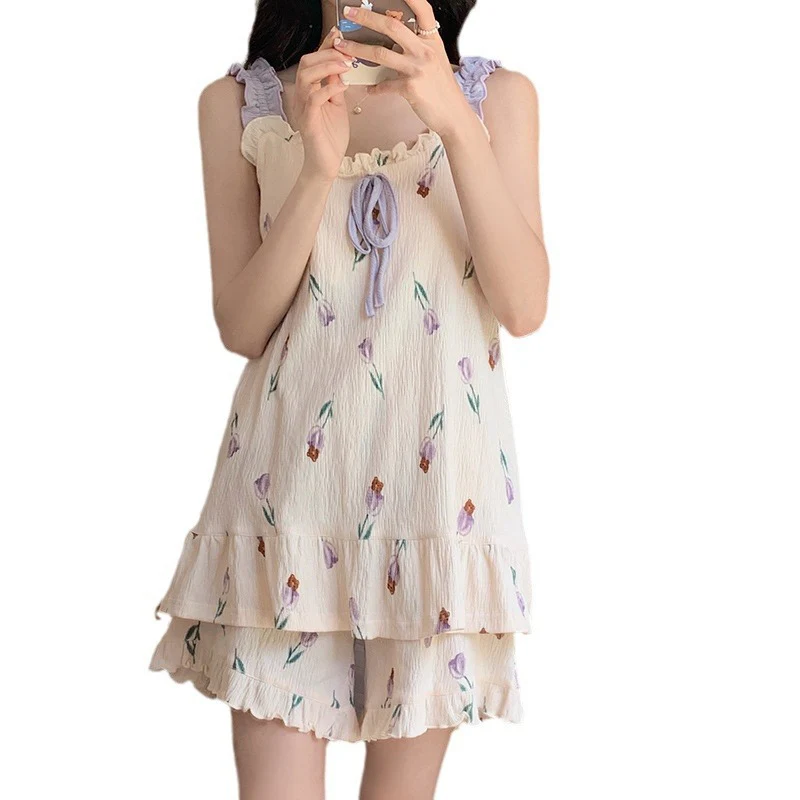 Suspender Tops+Shorts 2Pcs Home Pajamas Set For Women Summer New Printed Pullover Nightgown Sweet Ruffled Edge Night-clothes
