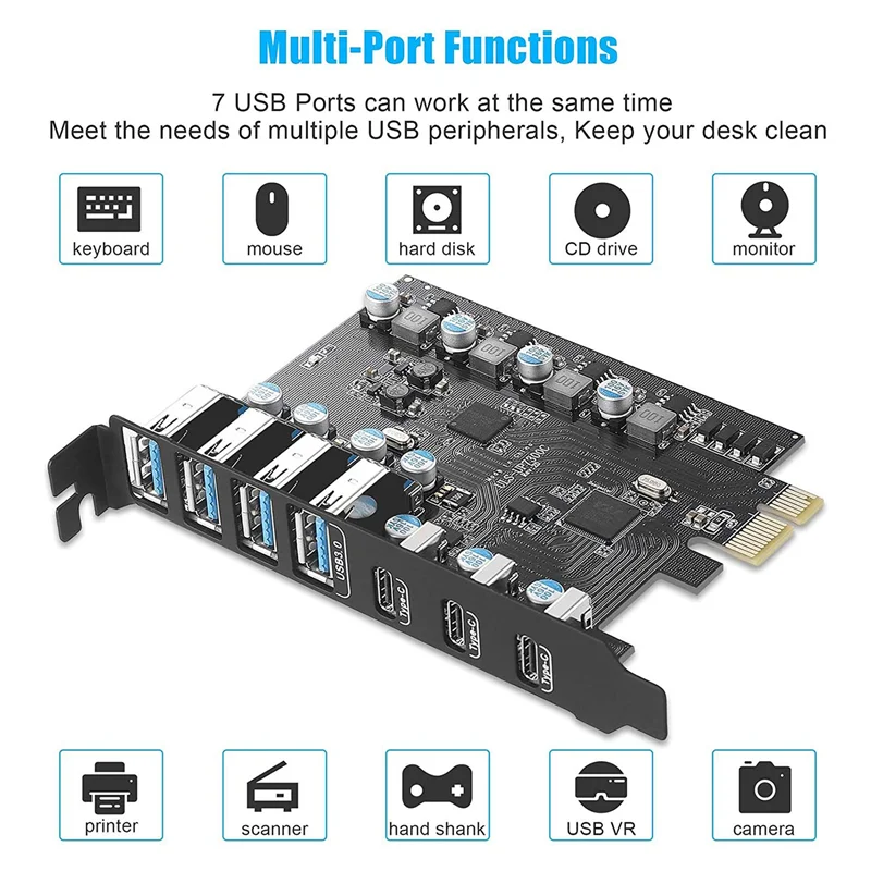 7 Ports PCIe To USB 3.0 Expansion Card PCI Express USB Add on Card for Desktop PC Host Card Support Windows