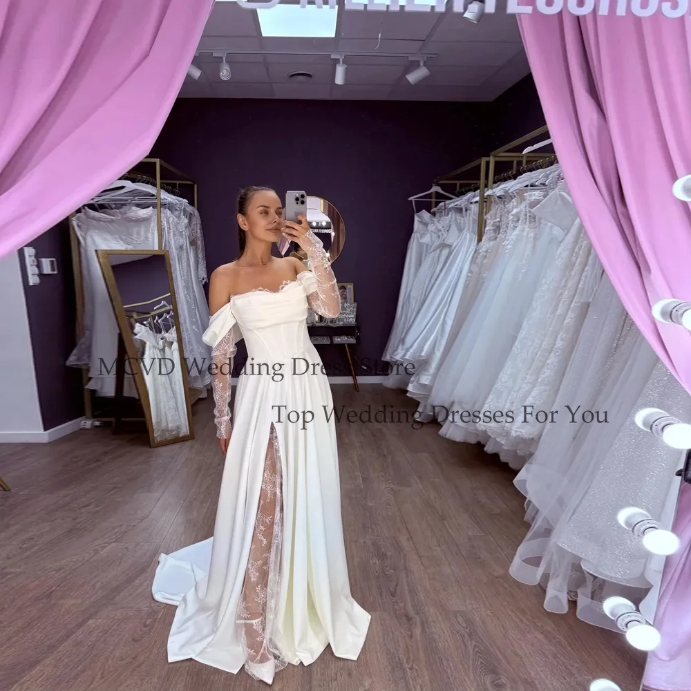 

MCDV Elegant Wedding Gowns Off Shoulder Side Split Satin Bride Dresses For Bridal A-Line Simple vestidos de novia Customized