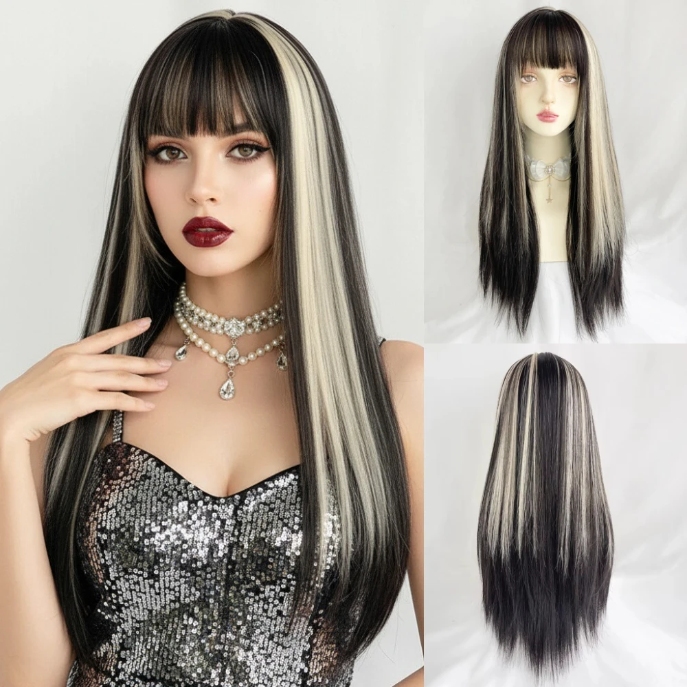 

Синтетический длинный прямой парик с челкой, блондинка, омбре, черный многослойный пушистый парик для косплея Лолиты, термостойкий для повседневной вечеринки