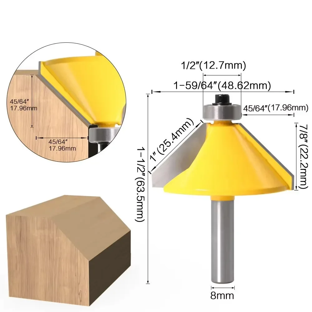 1PC 8MM Shank Milling Cutter Wood Carving Large 45 Degree Chamfer & Bevel Edging Router Bit Wood Cutting Woodworking Router Bits