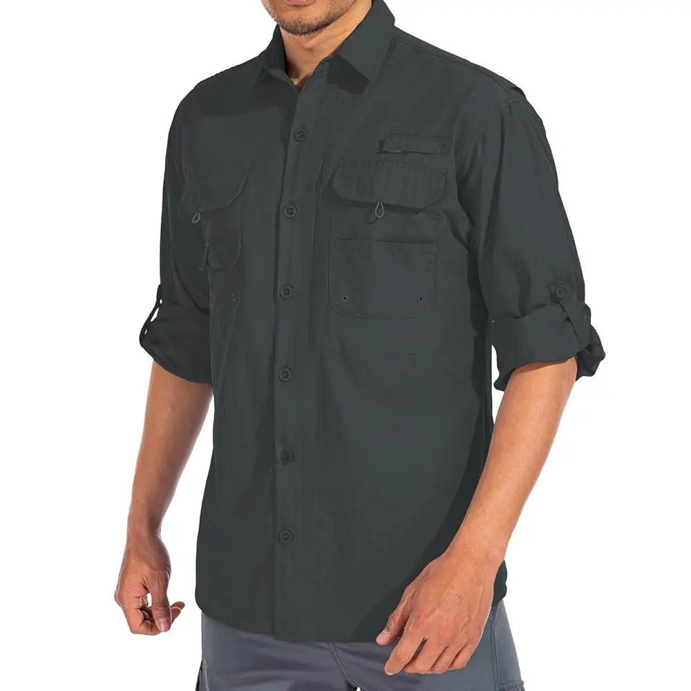 

Mens Safari Shirts Long Sleeve UV Protection Hiking Fishing UPF 50+ Quick Dry Cooling Camping Travel Shirts