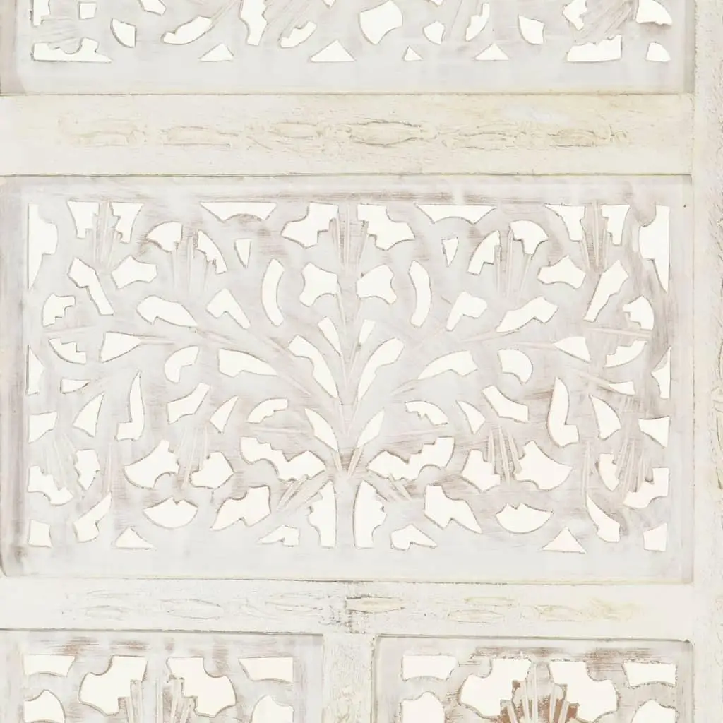 Hand Carved Four Panel Room Divider White Solid Wood 63x65cm