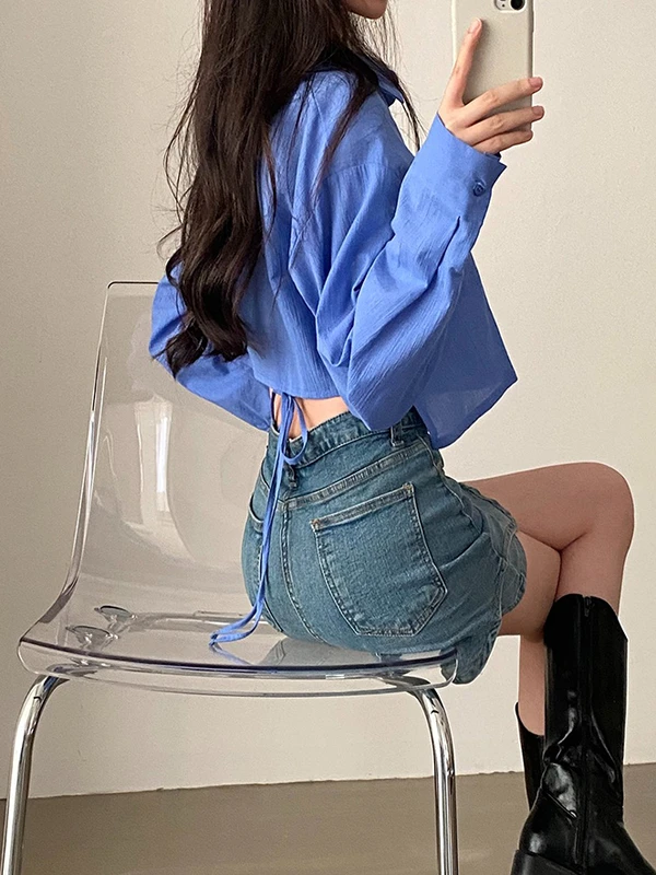 Chic Summer Long Sve Women's Chiffon irt ort Sle Ba Strap Design Sun Protection Straight Cut Pure Color Button Clo...