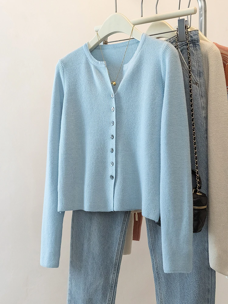 

Blue Knitted Cardigan Sweater Women's French Autumn Winter Soft O-neck Single Breasted Outwear Elegant Long Sleeved Slim Top