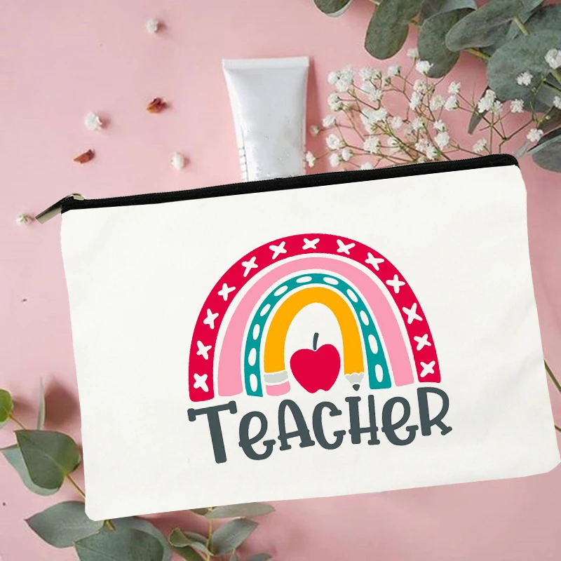 Women Rainbow Teacher Print Travel Cosmetic Beauty Case Teacher Gift Makeup Bag Organizer Toiletry Storage Pencil Bag Best Pouch