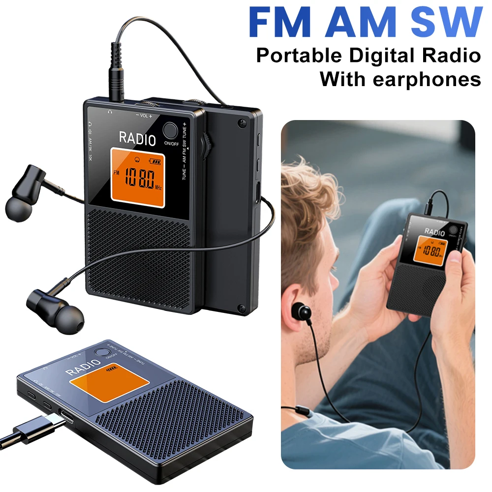 Portable AM FM Radio Type-C Charging Pocket Radios Stereo Sound Speaker LCD Backlit Digital Receiver for Outdoor Camping Jogging