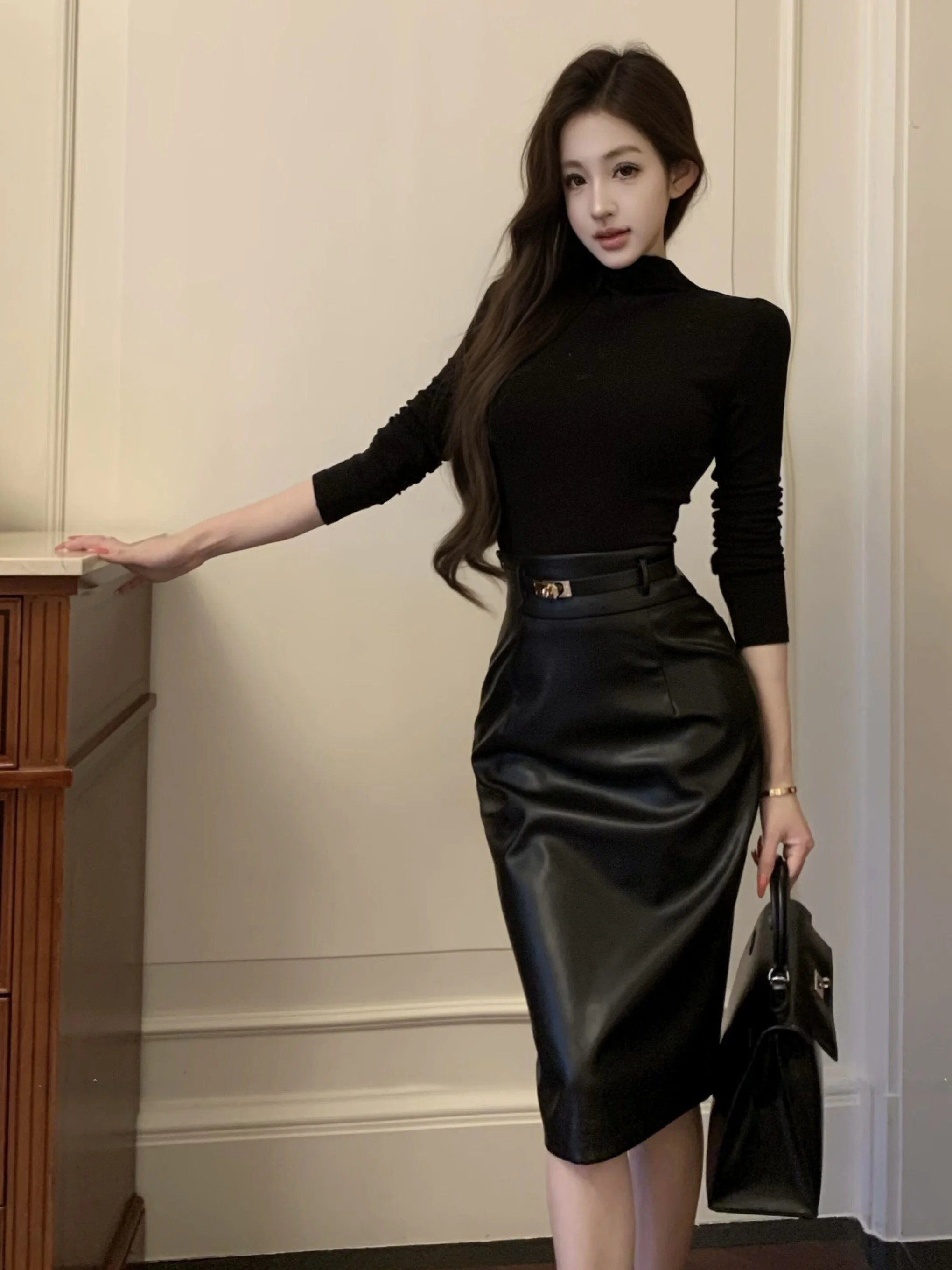 

Ele Long Sve Base irt Топ с высоким воротником из искусственной кожи с запахом вокруг юбки, комплект из двух предметов для молодых женщин, зимняя мода