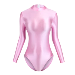 Satin Glossy Leotards Long Sleeve Back Zipper One Piece Swimsuit Sexy High-Cut Bikini Bodysuit Women Bathing Suit Plus Size