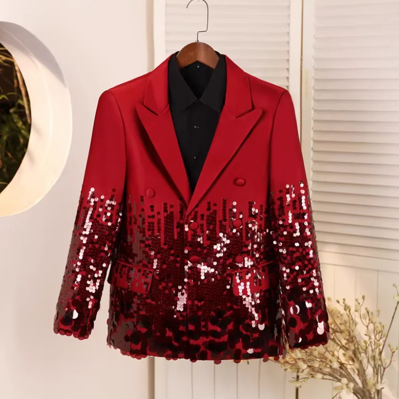 

Мужская бордовая куртка с пайетками для выступлений, стройнящая фигуру