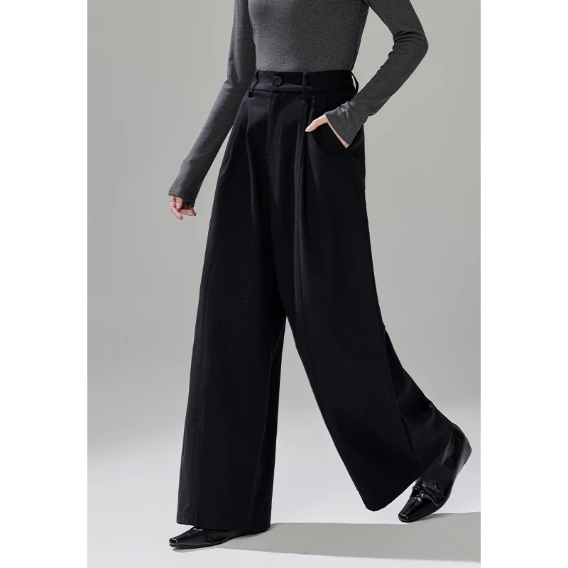 Women's High Waist Pleated Wide Leg Pants, Dark Brown Tailored Loose Full Length Trousers, Casual Business Office Slacks