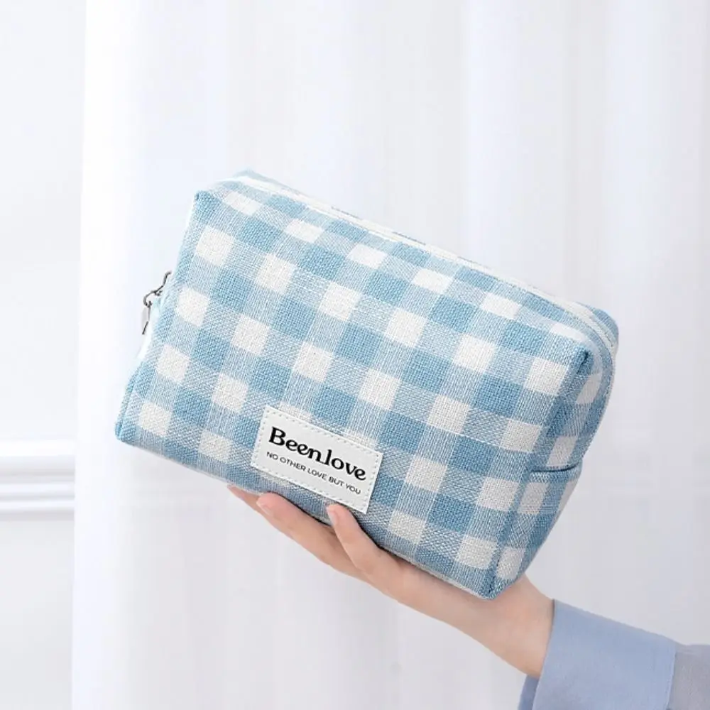 

Simple Lattice Plaid Cosmetic Bag Zipper Waterproof Travel Wash Bag Polyester Large Capacity Makeup Pouch Bathroom