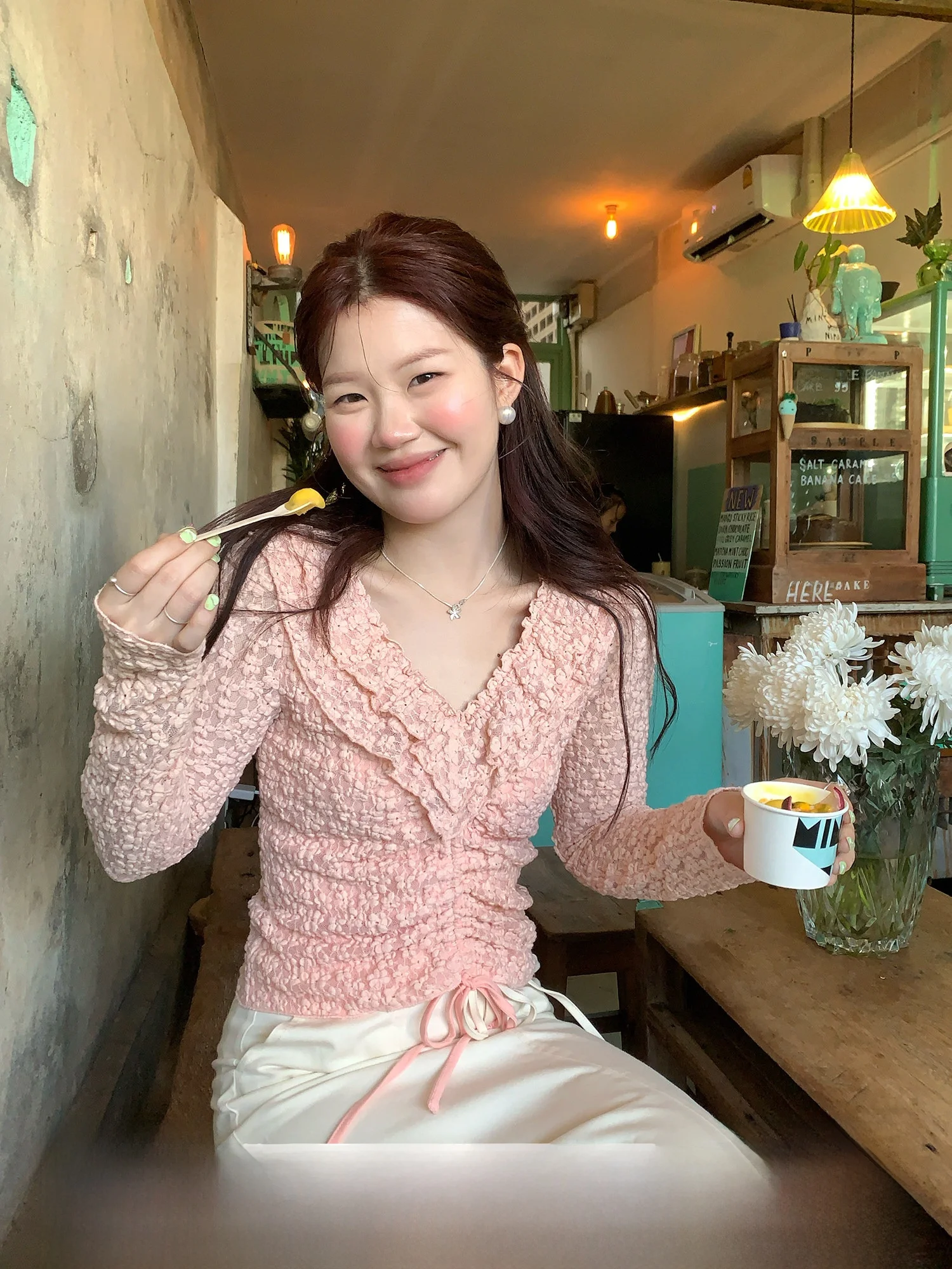 

Spring Long Sve Lace irt Korean Sle Belted Slim Fit V-Ne Bell Cotton Polyurethane Elastic Fiber Women's Top