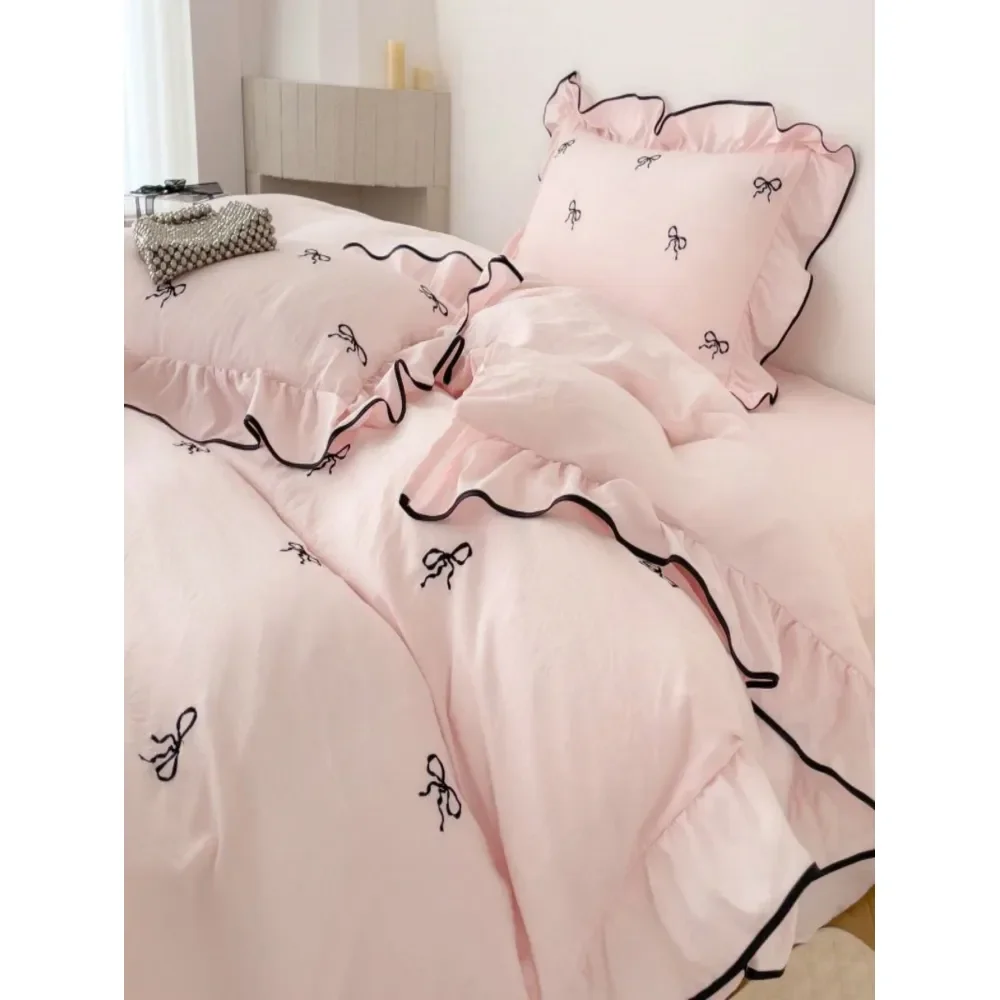 

Ruffled Embroidered Bowknot Duvet Cover Set, Extra Large Size, Soft Fabric, With Zipper Tie, Suitable For Girls Bedroom Decor,