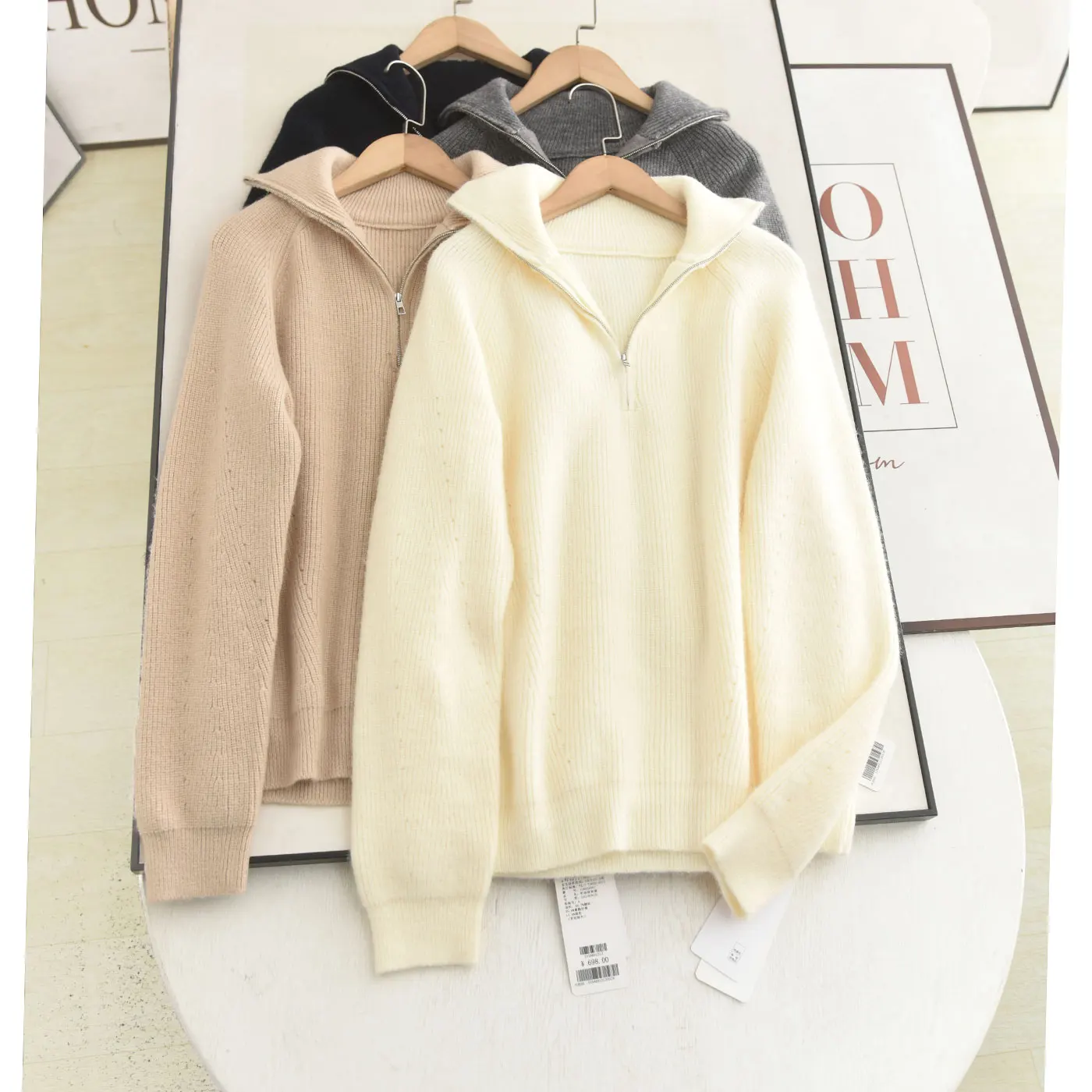

Ele f-Zip Knit Sweater for Women Autumn Winter Loose Slimming Simple Versatile Long Sve Camere-Like Faion Top