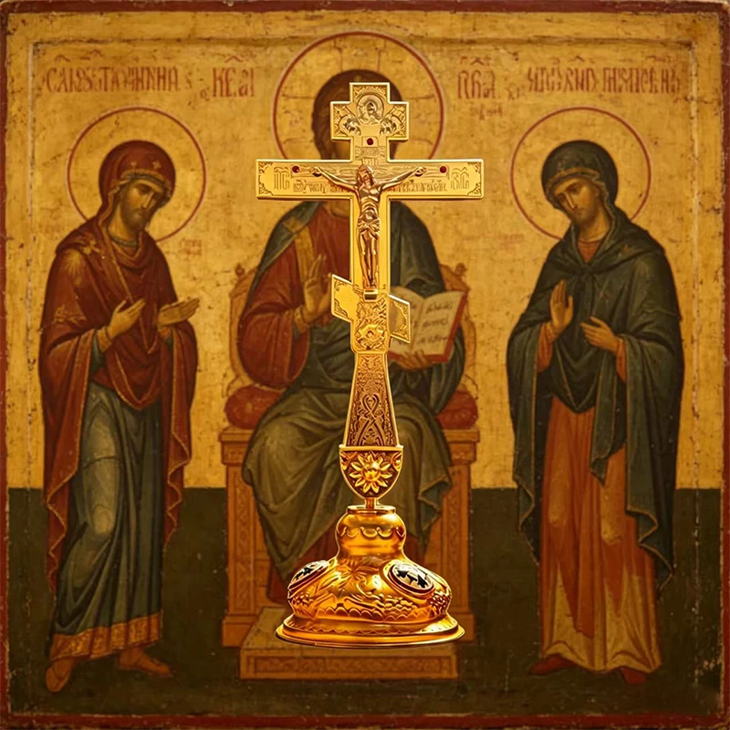 New Gold Plated Orthodox Church Standing Cross Crucifix with Enamel Base for Liturgy Home Altar Prayer Devotion Christian Gift