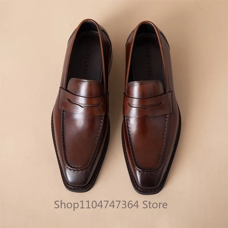 British Loafers Men's Genuine Leather Gentleman Handmade Shoes Male Youth Square Toe Slip on Outdoor Casual Dress Leather Shoes