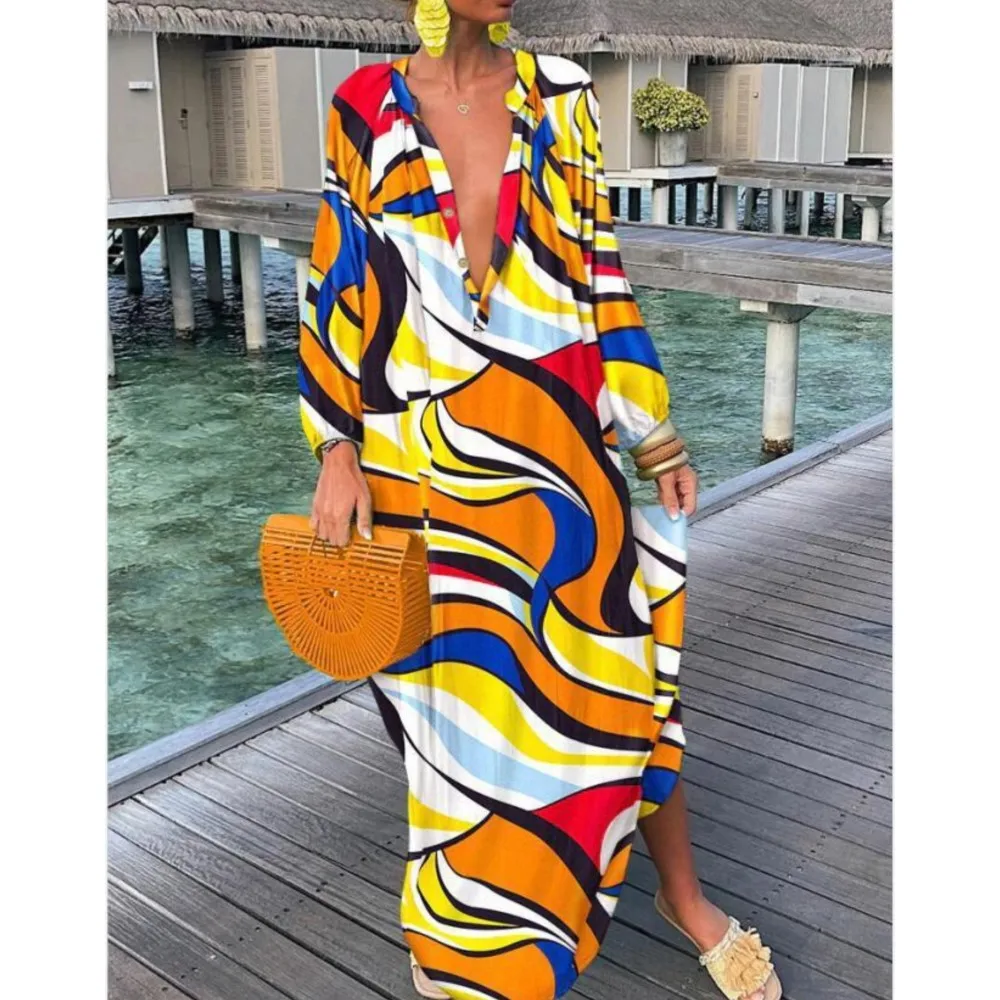 ボヘミアンプリントビーチドレス 2025 新作 夏 エレガント ディープVネック 長袖 マキシ丈ワンピース レディース セクシー ゆったり オーバーサイズ バケーションドレス