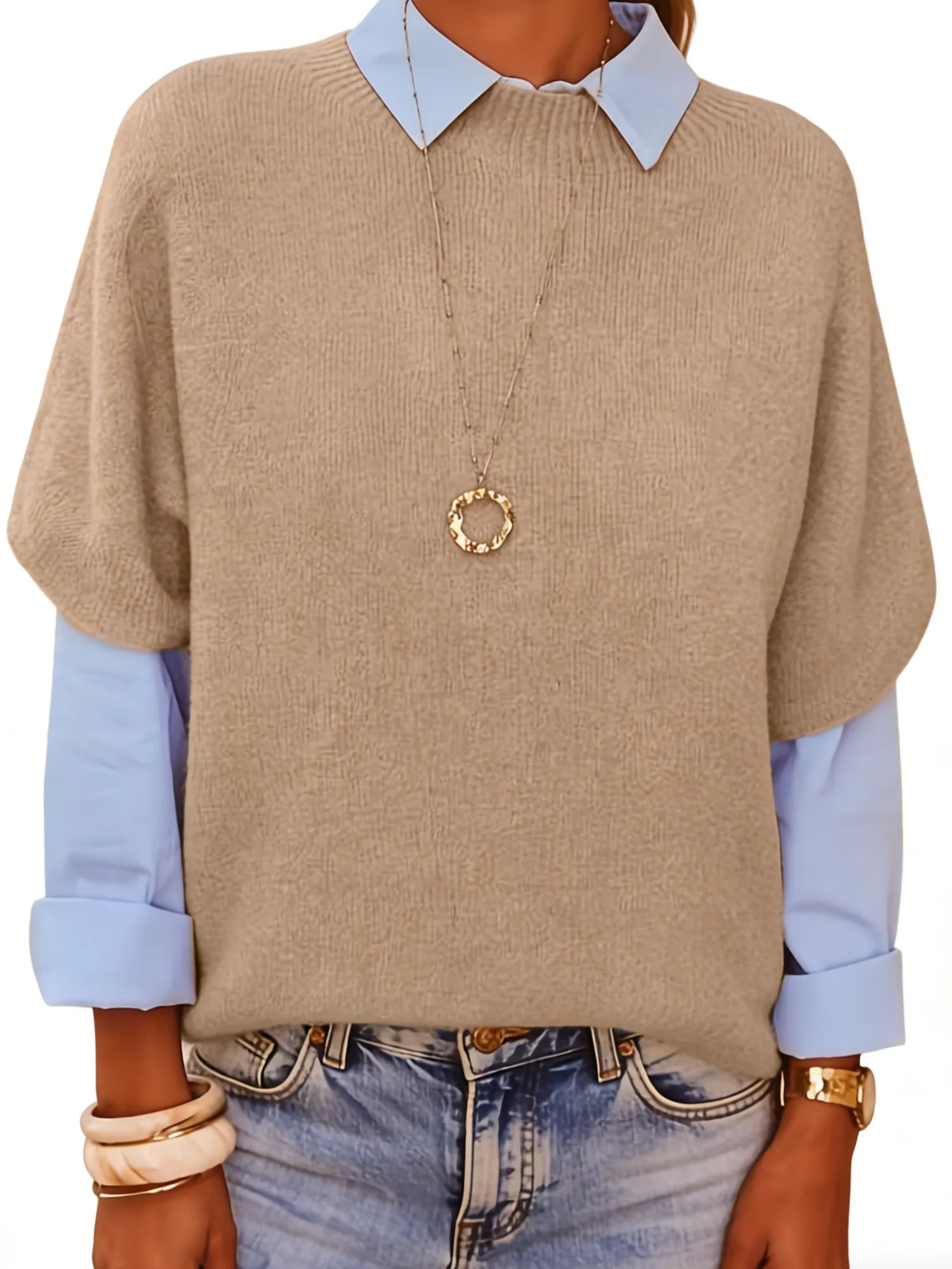 

Женский повседневный пуловер цвета хаки больших размеров на весну/лето с короткими рукавами и круглым вырезом (без нижнего белья)