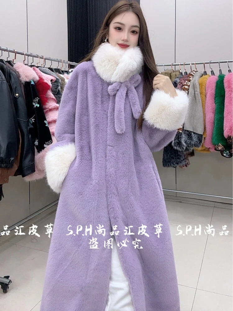 من المألوف مريحة لينة فو الفراء شتاء جديد سميكة طويلة الدافئة فروي سترة التخسيس طويلة الأكمام الدانتيل متابعة معطف للسيدات