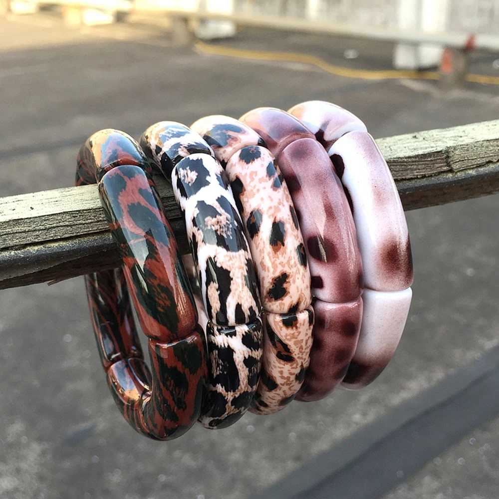 FishSheep Vintage Leopard Print Acrylic Stackable Bracelets Bangles for Women Resin Stretchy Bracelet 2023 Fashion Jewelry Gift