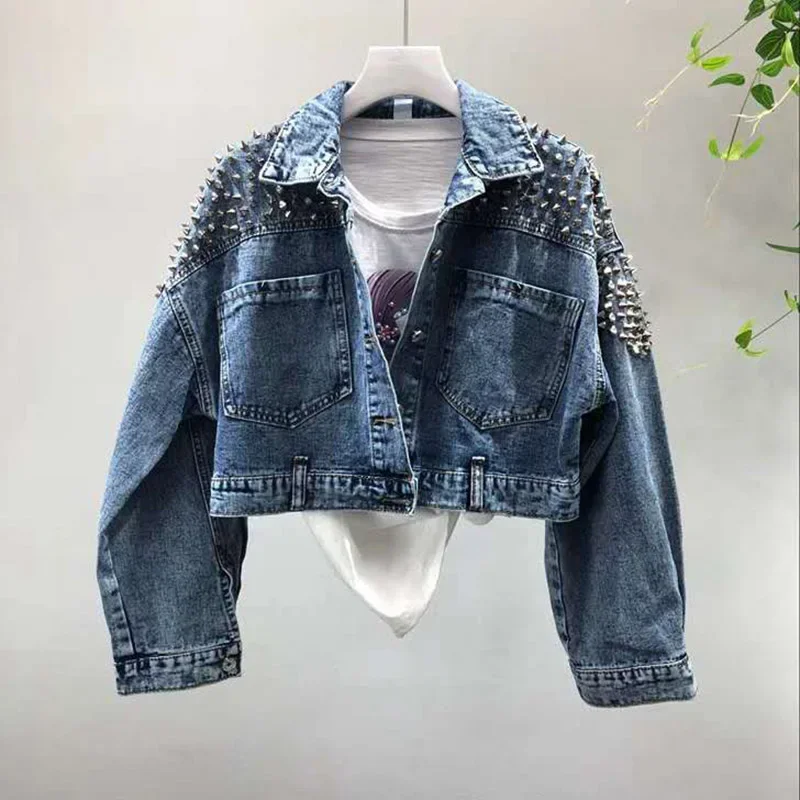 

New Women Denim Jacket Rivet Locomotive Wind Jeans Coat Long Sleeve Women Jackets Shimmer Loose Blue Casual Casaco Femme A400