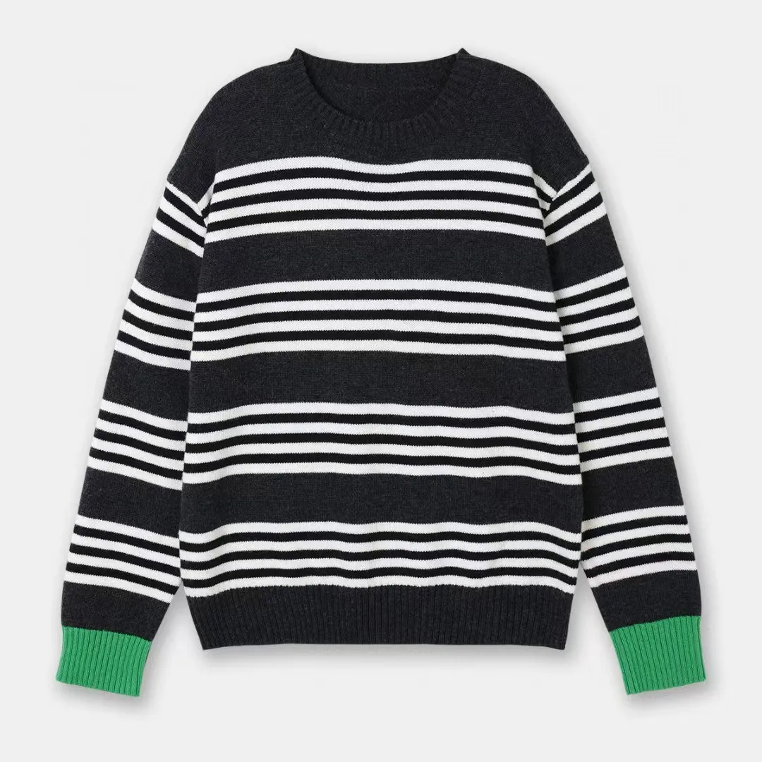 

Women's Stripe Long Sleeve Loose Knitwear 2023 Autumn Winter New Ladies Age Reducing Slim Fit O-Neck Knitted Pullover Top