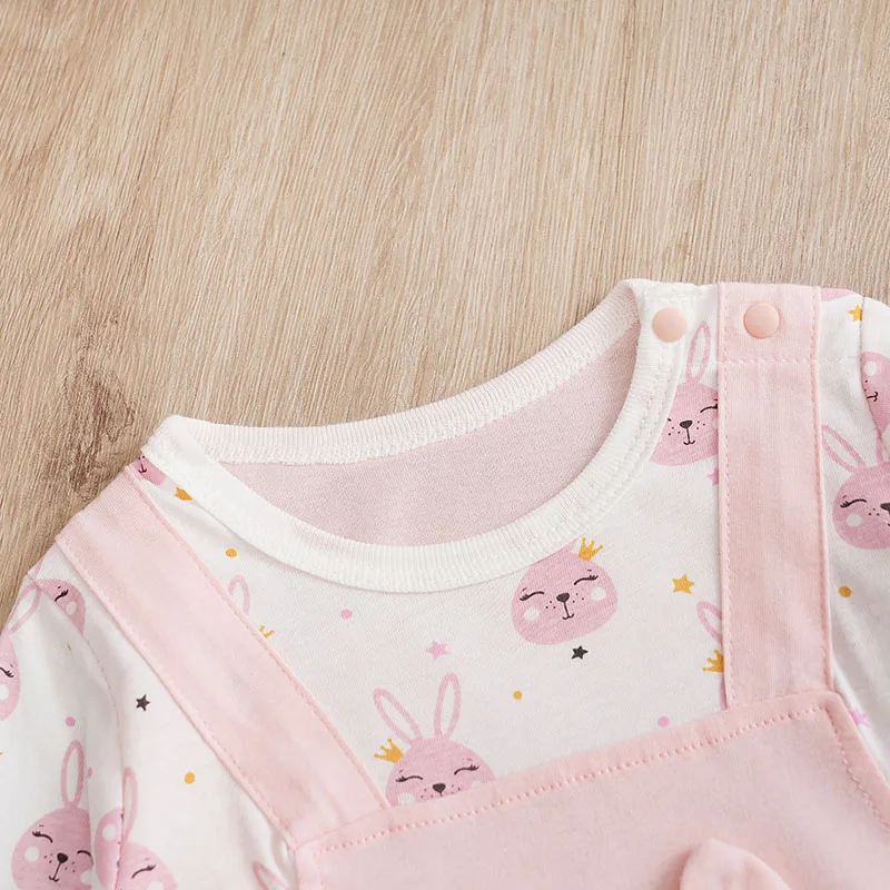 Spring and Autumn Newborn Bodysuit Cute Rabbit Full Print Fake Two Piece Strap Pants Girl Baby Bodysuit Long sleeved Pure Cotton