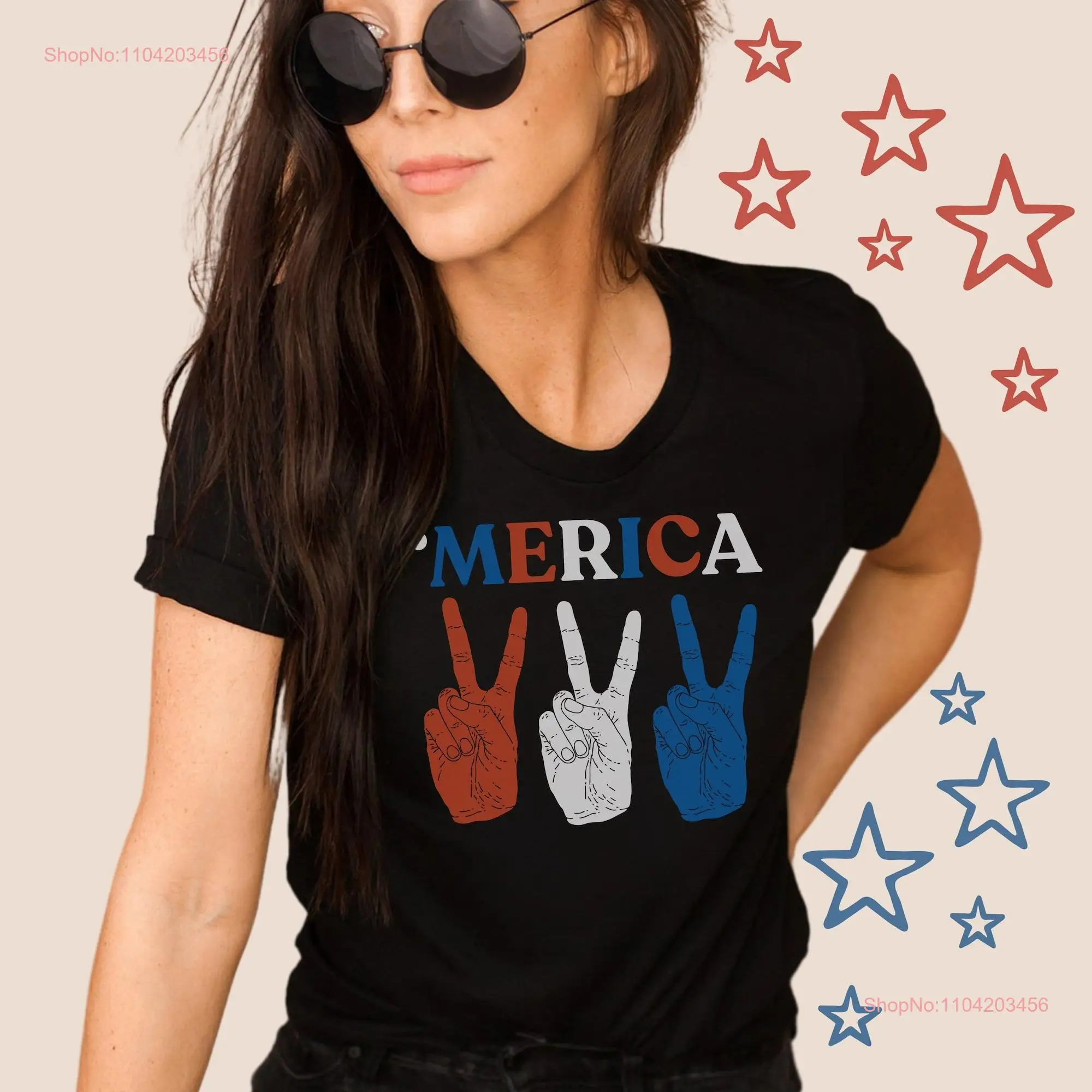 Stars and Stripes T Shirt Retro American Flag 4th of July Peace Merica long or short sleeves