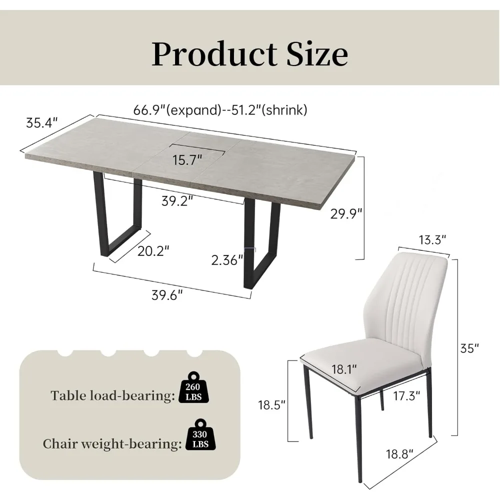 Modern Mid-Century Dining Table Set for 6-8 People Kitchen Dining Room Table Set Extendable Wood Dining Table and 6 Upholstered