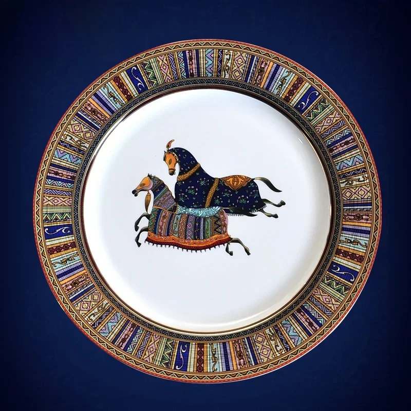 European Style Ceramic Dinnerware 10 Inch Plate Fruit Display Dish Western Dining Steak Plate round Shape Gold Rimmed Porcelain
