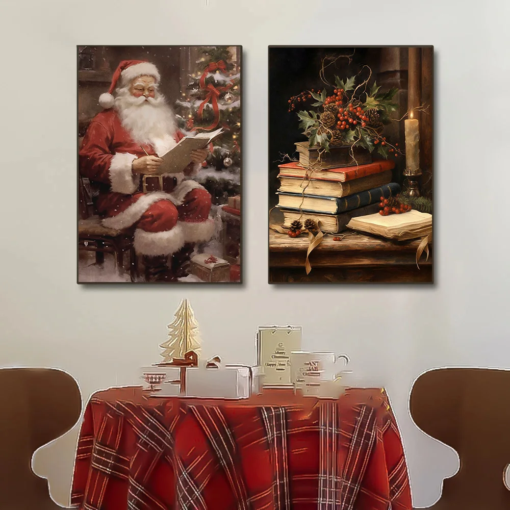 Vintage Santa Claus Portrait in Mistletoe Reading Letters Toy Cookie Poster Canvas Painting Wall Pictures Christmas Home Decor