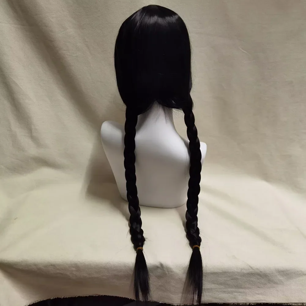 Wednesday Women Girls Long Black Braids Wig with Bangs Long Pigtails Wig for Wednesday Costume Halloween