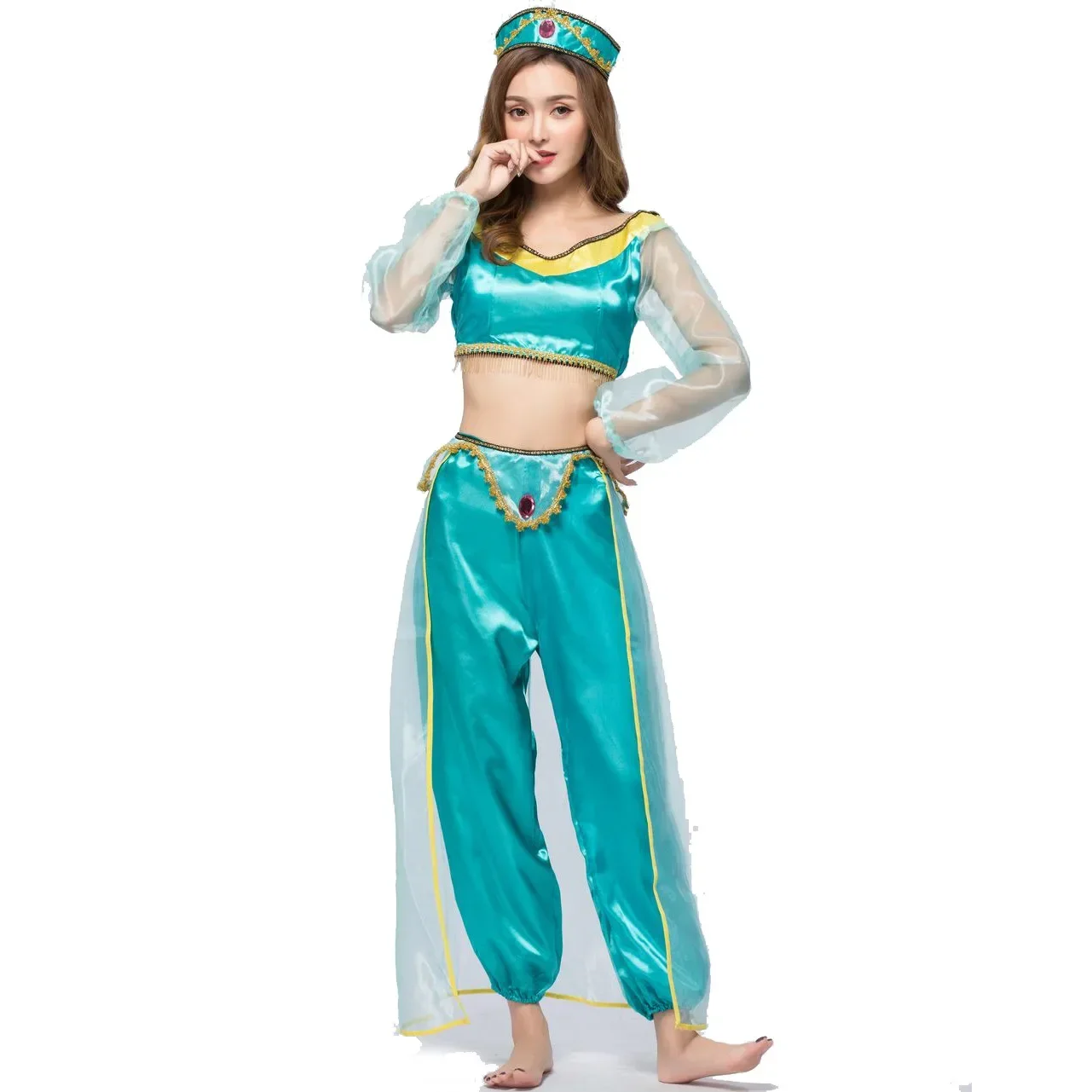 Anime Aladdin Princess Jasmine Outfits Girl Belly Dance Fancy Dress Top Pant Set Costume The Magic Lamp Women Halloween Cosplay