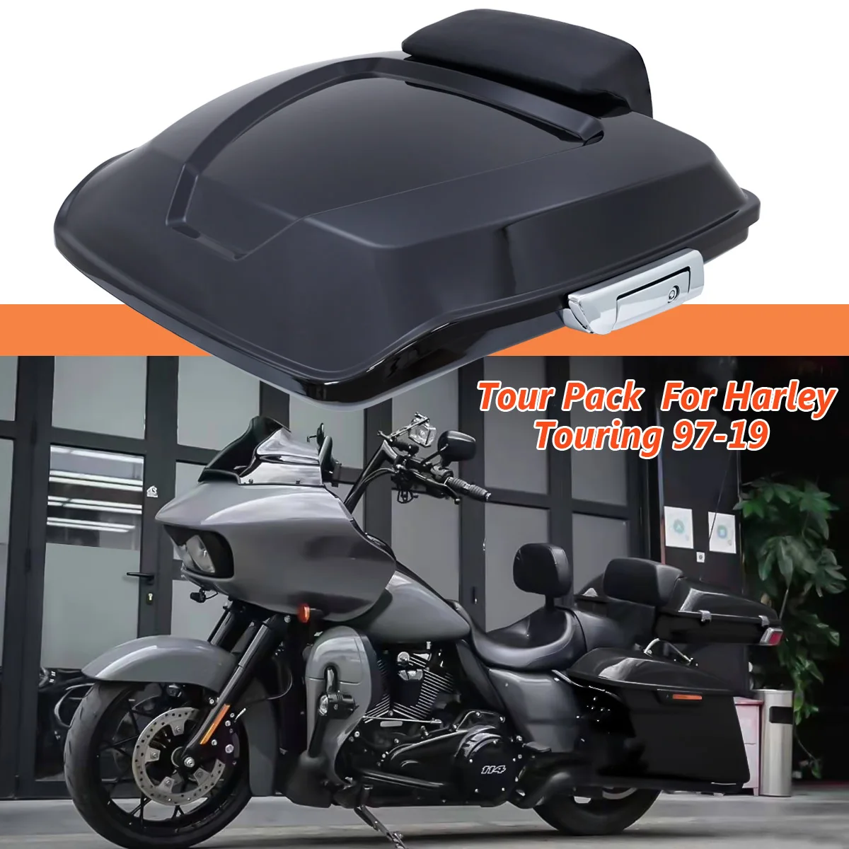 Rear black motorcycle storage box, trunk with backrest pad for Harley Touring, models 1997-2022