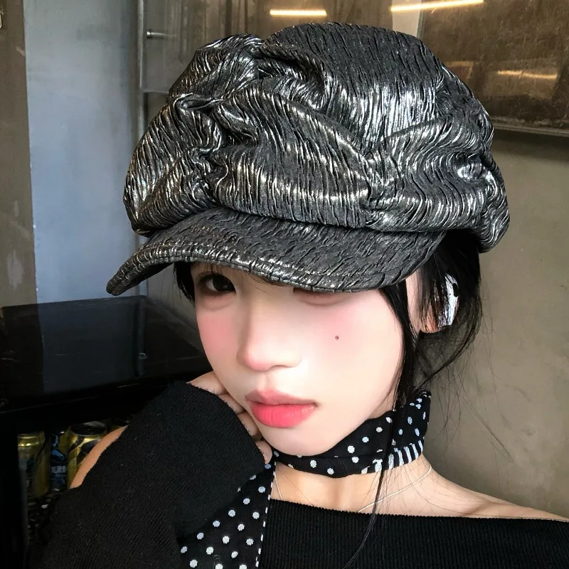 Neue Nischenmode: Glänzende Plissee-Baskenmütze im koreanischen Stil, große Ausführung, weiche Krempe, personalisierte Newsboy-Mützen für Damen – Detail 1