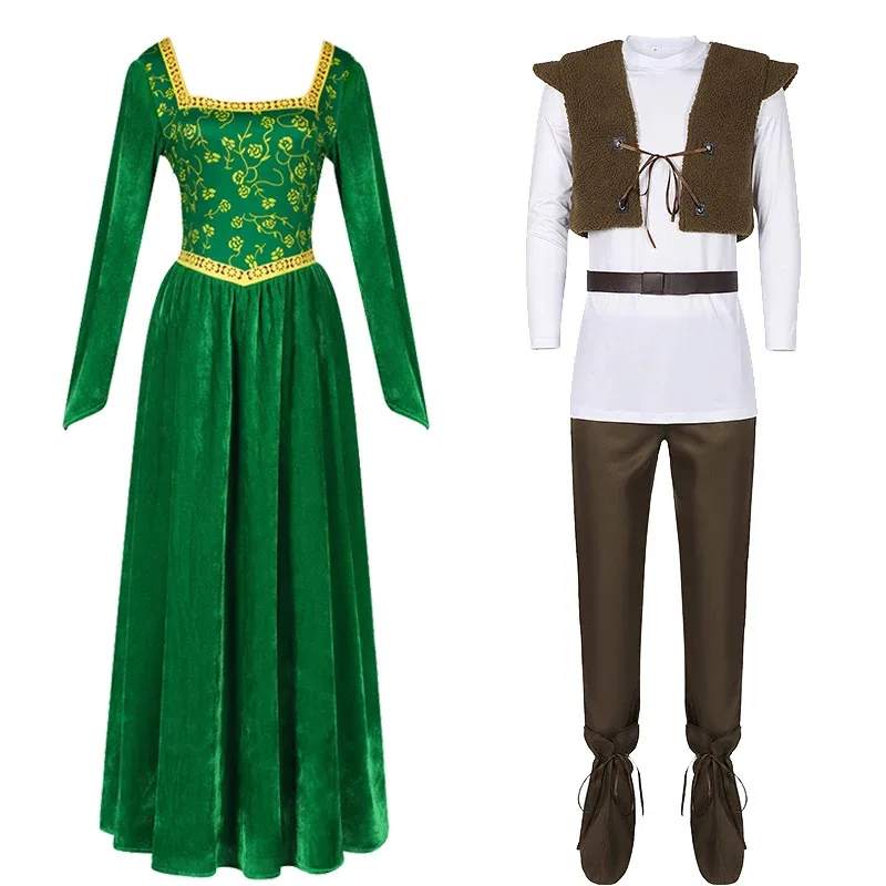 

Women Halloween Princess Fiona Costume Long Sleeve Velvet Gown Party Dress Adult Anime Role Play Outfits