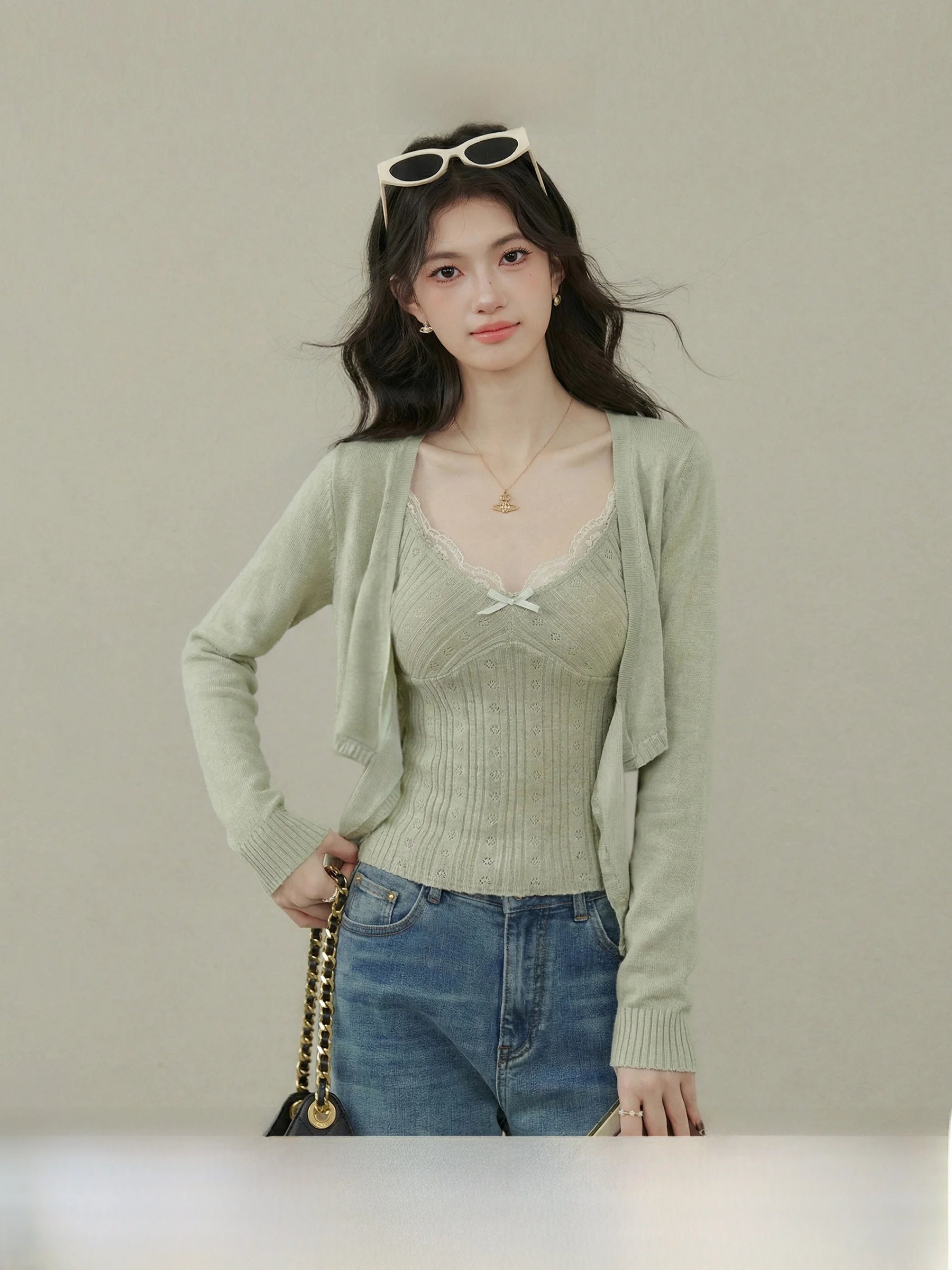 

Spring Flavor Thi Warm een V-ne Knot Long Sve Knitted Sweater Two-piece Set for Plump Women Quali Faio...