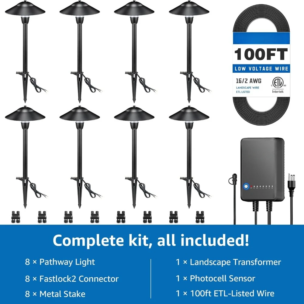 Paquete de 8 luces de paisaje de bajo voltaje con transformador y cable de 100 pies 16/2 AWG, iluminación de paisaje impermeable de 3000K