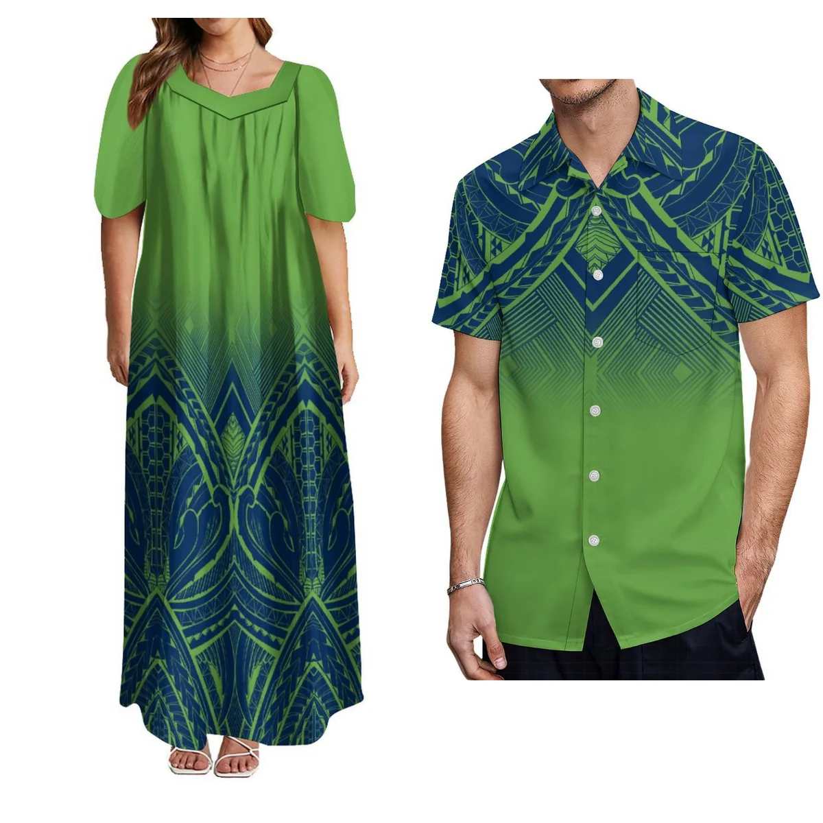 Casual Men'S Button-Down Shirt And Women'S Loose Square Neck Dress Skirt Polynesian Ethnic Style Couple Suit