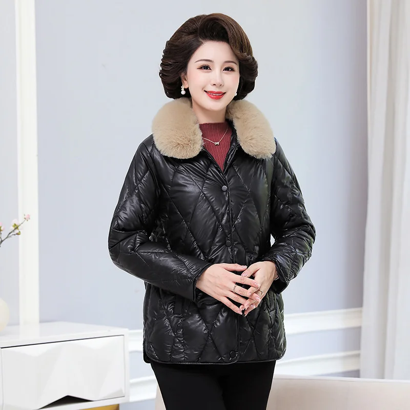 

2023 Mom Winter Cotton Padded Clothes Women's Short Big Fur Collar Lapel Leather Parkas Middle-Aged Elderly