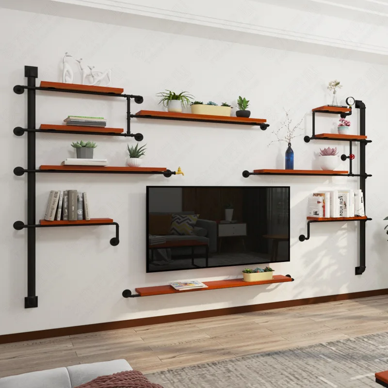 Industrial style TV background wall creative decoration shelf wrought iron solid wood living room storage shelf bookshelves