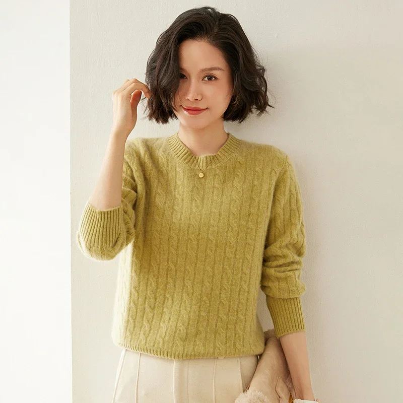 

Women's Cashmere Sweater, 35% Cashmere, Round Neck, Knitted, Thickened, Twisted Pattern, 2024 Autumn and Winter New Style