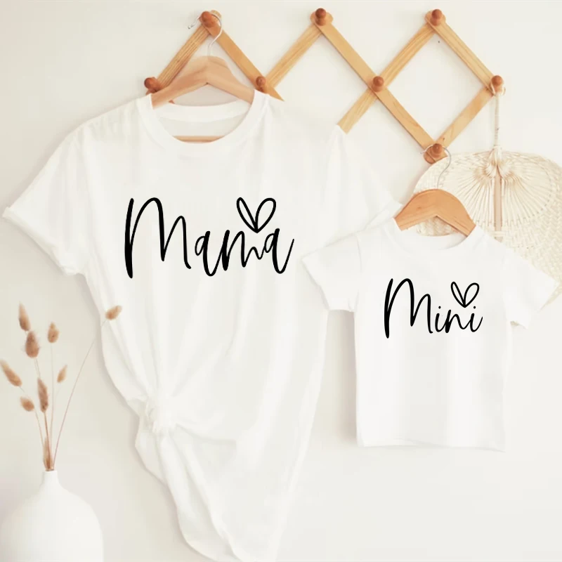 Mama Mini Heart Letter Print Family Matching Outfits Summer Short Sleeve Mom and Daughter T‑Shirt Look Mommy and Me Tees Tops
