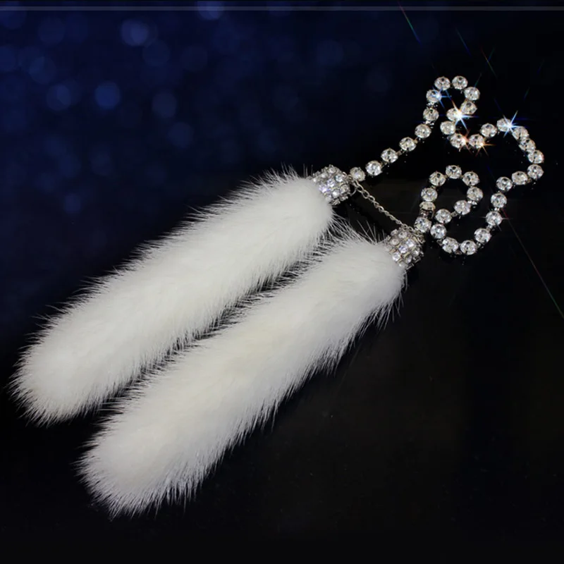 Wholesale Fashion Car Crystal Diamante Pendant Mink Fur Rearview Mirror Hanging Fox Plush Ornaments Charm Auto Interior Decorate